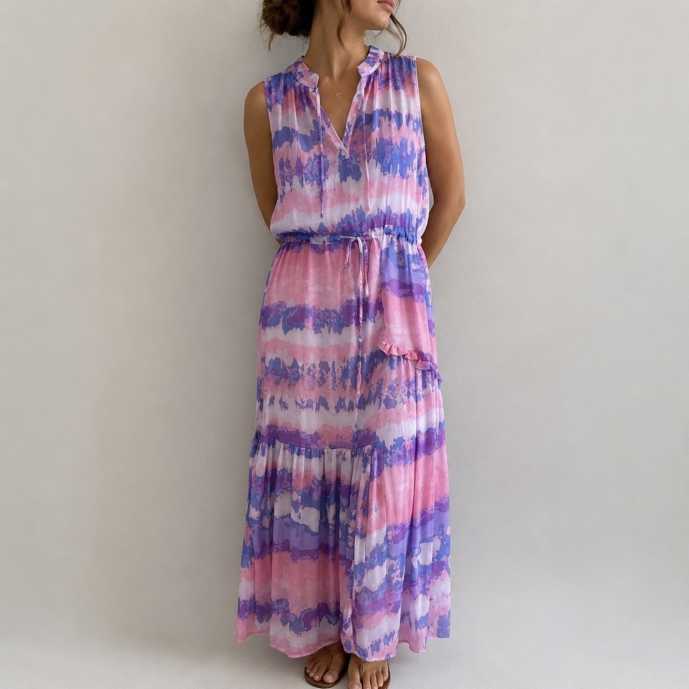 Love by Design Pink Purple Tie Dye Maxi Dress Tiered Ruffle Size M Boho Summer